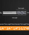 Diagram illustrating dimensions of a solid carbide end mill with 1/4 inch shank, flute length, and full length.