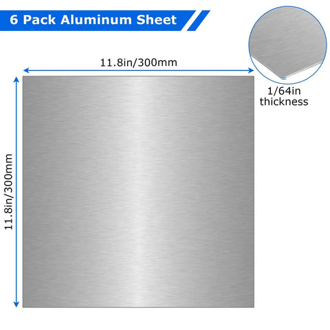 Six Pack 5052 Aluminum Sheet Metal 12x12 Inch Flat Plate 0.02 Inch Thick With Protective Film shown front view with dimensions.