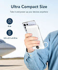 All In One Portable Charger With Built In AC Plug And Cables 10000mAh Ultra Slim Power Bank held by person in front of airplane