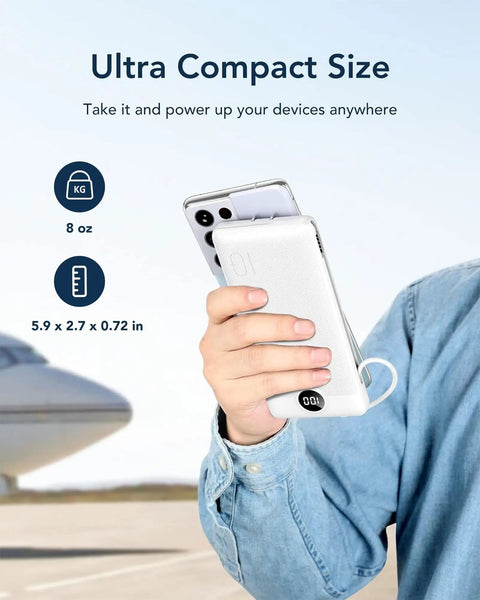 All In One Portable Charger With Built In AC Plug And Cables 10000mAh Ultra Slim Power Bank held by person in front of airplane