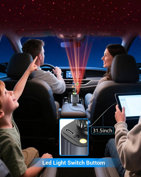 Ride Ready Sick Flex Retractable 5 In 1 Car Charger Adapter 69W Fast Charging in car with aromatherapy diffuser and LED light.