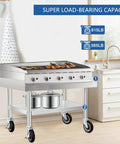 Stainless Steel Equipment Stand 30 By 36 Inches With Under Shelf And Casters For Commercial Kitchens, Workshops, Offices, Home Garages, And Hotels Ready To Tackle Any Prep Task, showing a stovetop and undershelf.
