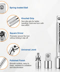 Workhorse Breaker Bar Kit With Rotatable 180 Degree Head, featuring spring-loaded ball, knurled grip, square driver, universal joint