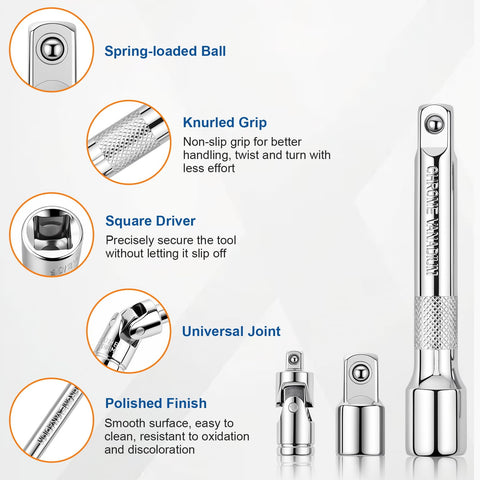 Workhorse Breaker Bar Kit With Rotatable 180 Degree Head, featuring spring-loaded ball, knurled grip, square driver, universal joint