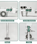 Ultra Accurate IP54 Waterproof Digital Caliper With Large LCD Screen Stainless Steel Vernier Caliper measuring inside and outside diameters, depth, and step.