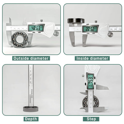 Ultra Accurate IP54 Waterproof Digital Caliper With Large LCD Screen Stainless Steel Vernier Caliper measuring inside and outside diameters, depth, and step.