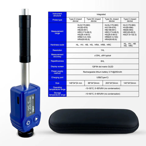 Leeb Hardness Tester Pen Type Portable Metal Hardness Tester 7 In 1 HL HV HB HRC HRB HRA HS With Durable ABS Housing And Tungsten Carbide Tip Easy One Hand Operation For Metal Parts, blue case and display