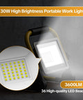 Powerful 3600 Lumen LED Work Light With 30W 6000K Flood Beam, showing LED beads and light emission, portable and durable design