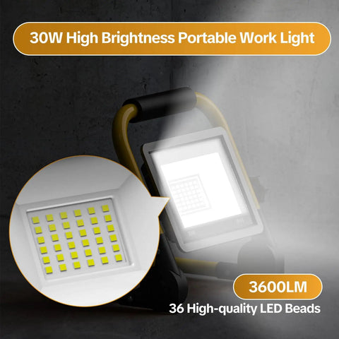 Powerful 3600 Lumen LED Work Light With 30W 6000K Flood Beam, showing LED beads and light emission, portable and durable design