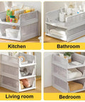 Five Pack Stackable Closet Storage Boxes With Lids in kitchen, bathroom, living room, and bedroom settings, 5L capacity each