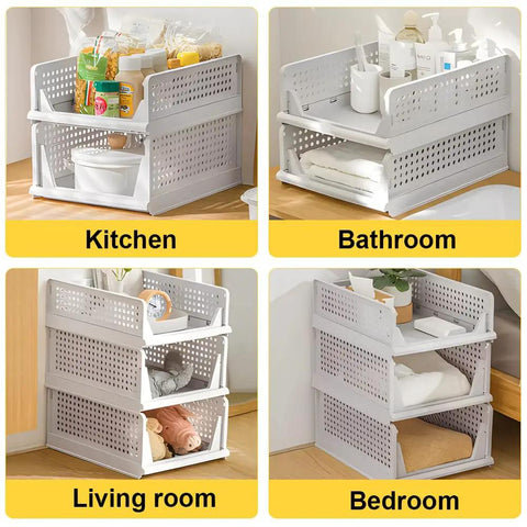 Five Pack Stackable Closet Storage Boxes With Lids in kitchen, bathroom, living room, and bedroom settings, 5L capacity each