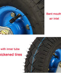 Set Of Four Built Tough 10 Inch Pneumatic Caster Wheels With Swivel Top Plate And Side Brakes Silent Rubber Industrial Casters For Workshop Carts Tool Boxes And Furniture Dollies close-up of thickened tire with inner tube and bent mouth air inlet