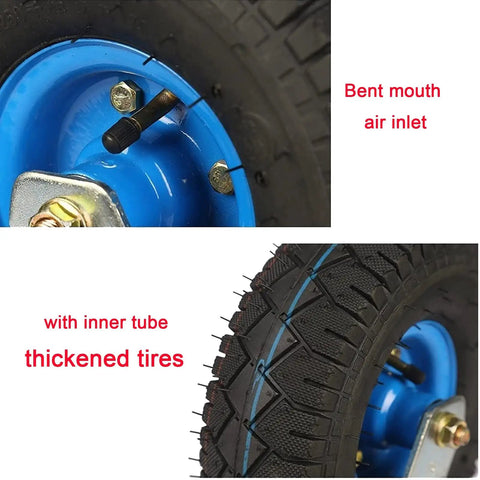 Set Of Four Built Tough 10 Inch Pneumatic Caster Wheels With Swivel Top Plate And Side Brakes Silent Rubber Industrial Casters For Workshop Carts Tool Boxes And Furniture Dollies close-up of thickened tire with inner tube and bent mouth air inlet