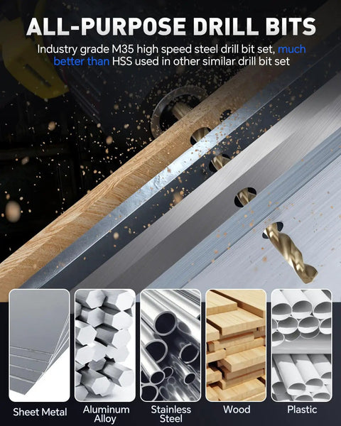 M35 Cobalt Drill Bit Set For Hardened Metal And Stainless Steel, cutting through wood and metal with examples of materials.