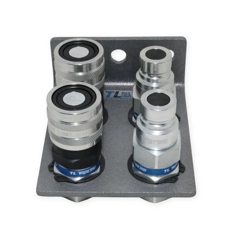 TL23B-4 front view: 4-piece 1/2 in hydraulic quick-connect coupler set with flat-face fittings on mounting plate