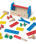Take Along Tool Kit Wooden Construction Toy Set For Little Builders With 24 Pieces including hammer, wrench, boards, colorful.