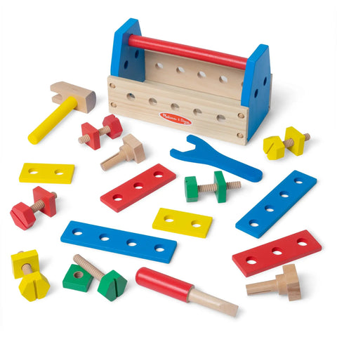 Take Along Tool Kit Wooden Construction Toy Set For Little Builders With 24 Pieces including hammer, wrench, boards, colorful.