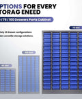 Image of 75 Drawer Parts Cabinet for Garage and Workshop with options for 40, 75, and 100 slot configurations.