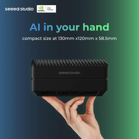 Hand holding Jetson Orin NX Edge AI Powerhouse For On Device AI Up To 100 TOPS In A Tiny Pack, showcasing compact size.
