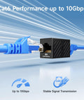 UL Listed 5 Pack Cat6 RJ45 Female To Female Couplers for high-speed Ethernet up to 10Gbps, black, shown extending network.