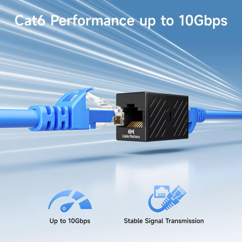 UL Listed 5 Pack Cat6 RJ45 Female To Female Couplers for high-speed Ethernet up to 10Gbps, black, shown extending network.