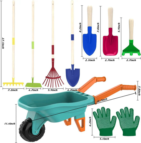 Kids Gardening Set With Wheelbarrow For Ages 3 To 8 Real Metal Garden Tools 14 Piece Outdoor Kit shown with tools and gloves.