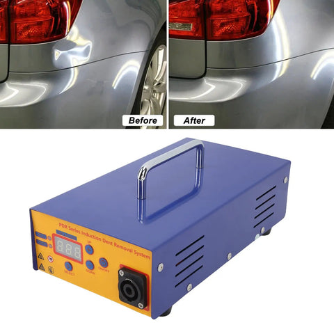 Auto Dent Repair Tool Set With 1000W Induction Heater showing before and after dent repair on car bumper