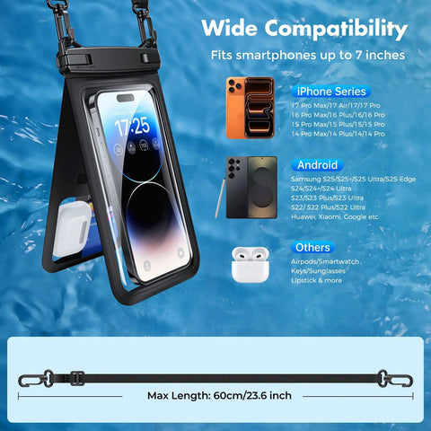 IPX8 Waterproof Phone Pouch Two Pack For iPhone 15 16 17 Pro Max Up To Seven Inches in blue water with compatibility icons