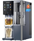 Compact Countertop Instant Hot And Cold Water Dispenser Featuring Premium Reverse Osmosis Filtration And A Slick Built In Tea Infuser brewing tea in clear cup.