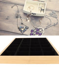 Dope Black Wooden Jewelry Tray With 24 Soft Padded Slots For Rings Bracelets Bangles And Chains Scratch Resistant Storage Holder Box, black velvet interior and wooden frame.