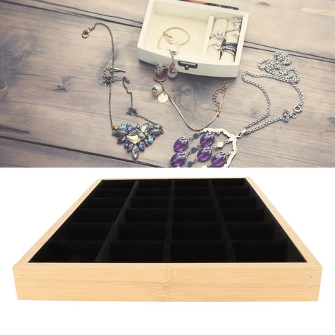 Dope Black Wooden Jewelry Tray With 24 Soft Padded Slots For Rings Bracelets Bangles And Chains Scratch Resistant Storage Holder Box, black velvet interior and wooden frame.