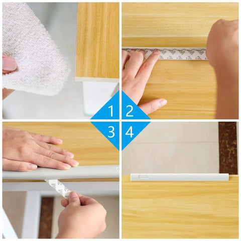Installation of Baby Proof Corner Guards And Edge Protectors Set 8 Pack Soft Silicone Cushions on wooden table edges