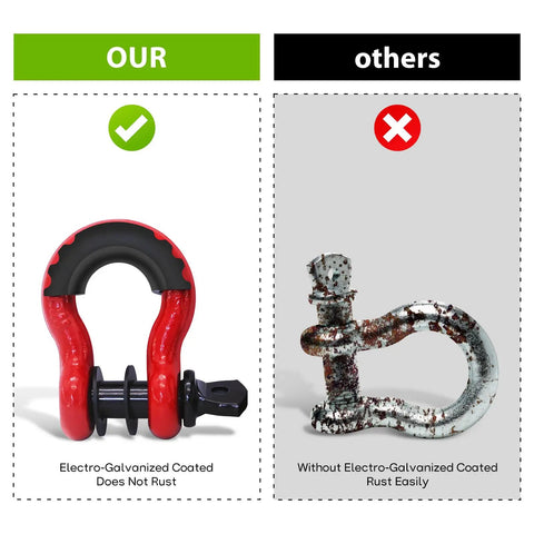 Comparison of Badass Heavy Duty 2 Pack D Ring Shackles with rust-resistant coating and standard shackles with rust.