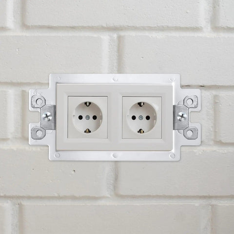 Installed view of 20 Pack Electrical Outlet Box Extenders With 40 Screws, One Gang Box Extender Kit for Receptacles and Switches on wall.