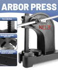 Three Ton Arbor Press Cut From Solid Cast Iron With Twelve Inch Stroke showing reversible ram and steel anvil detail.