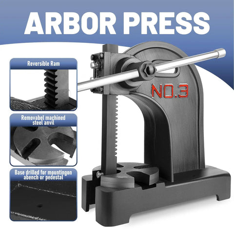 Three Ton Arbor Press Cut From Solid Cast Iron With Twelve Inch Stroke showing reversible ram and steel anvil detail.