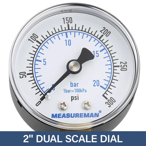 Air to Water Pressure Test Gauge 2 Inch Dial 0 to 300 Psi Leak Detector Kit shows dual scale for accurate pressure readings.