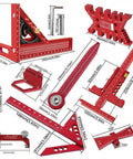 Woodworking Measuring And Scribing Tool Set 9 Piece Precision Kit with aluminum tools including angle ruler, dovetail gauge, and scriber.