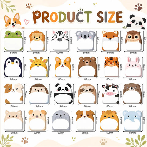 Dope 24 Pack Cartoon Animal Sticky Notes Set With 1152 Sheets showing 24 animal designs, each 60mm, for decor and notes
