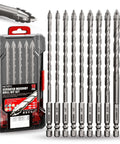 METOTY 10-piece serrated masonry drill bit set; carbide bits, 6 in length, 3/16–1/2 in, in plastic case