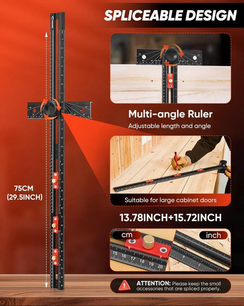 4 In 1 Scriber Marking Line Ruler 29.5 Inch Spliceable Extended T Square shown with adjustable angle and drill guide.