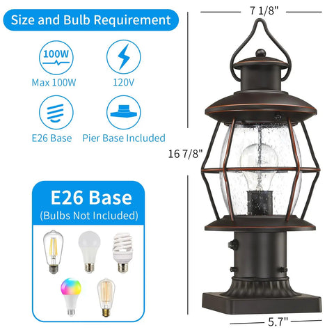 Dusk To Dawn Outdoor Post Light With Pier Mount Base 16.8 Inch Waterproof Hardwired 120V Oil Rubbed Bronze Post Lighting shown with bulb options