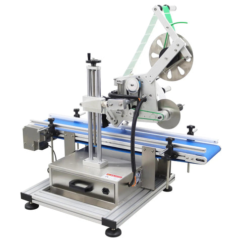 Automatic Desktop Conveyor Labeler 110V Works Like A Charm For Crisp Flat Applications 25-50 Pcs Per Min showing machine with roller and label tape.
