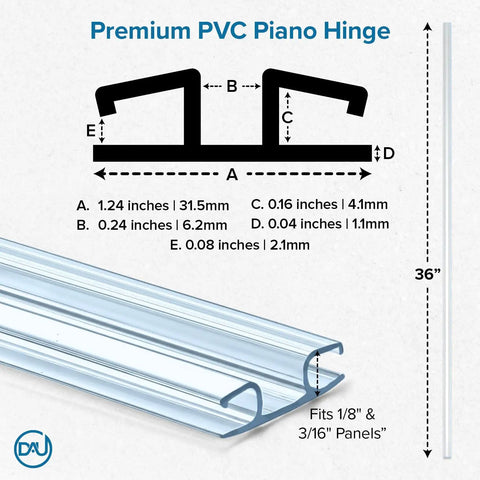 Hella Sturdy 36 Inch Piano Hinge For Acrylic Panels And Plexiglass Snap Together Design diagram showing dimensions and fittings.