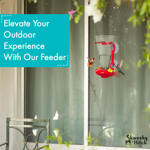Window Hummingbird Feeder With Side Ports For Clear Viewing Big 20 Oz Nectar Capacity Durable Plastic Easy Clean And Refill Strong Suction Cups Outdoor Window Bird Feeder For Kids And Pets installed on patio window
