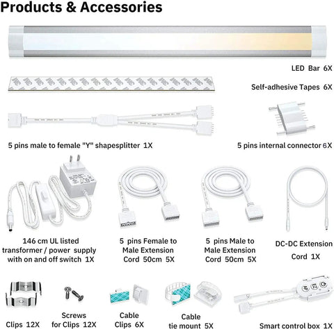 Under Cabinet LED Lights With Alexa And Google Home Control, 6 bar light kit components including cables and connectors.