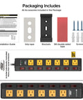 Heavy Duty Metal Power Strip With 6 Individually Switched Outlets, 1.77 Inch Wide Spacing shown with accessories and installation guide.