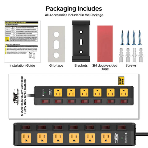 Heavy Duty Metal Power Strip With 6 Individually Switched Outlets, 1.77 Inch Wide Spacing shown with accessories and installation guide.