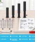 Heavy Duty Adjustable Furniture Legs Eight To Twelve Inches With Four Mounting Threads, bolts, and installation manual on a table.