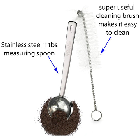 Pour Over Coffee Dripper With Cup Stand Size 4 Ultra Fine Micro Mesh Filter Paperless And Reusable For Manual Brewing Delivers Rich Barista Vibes At Home Includes Bonus Scooping Spoon And Cleaning Brush, stainless steel spoon with coffee grounds and cleaning brush